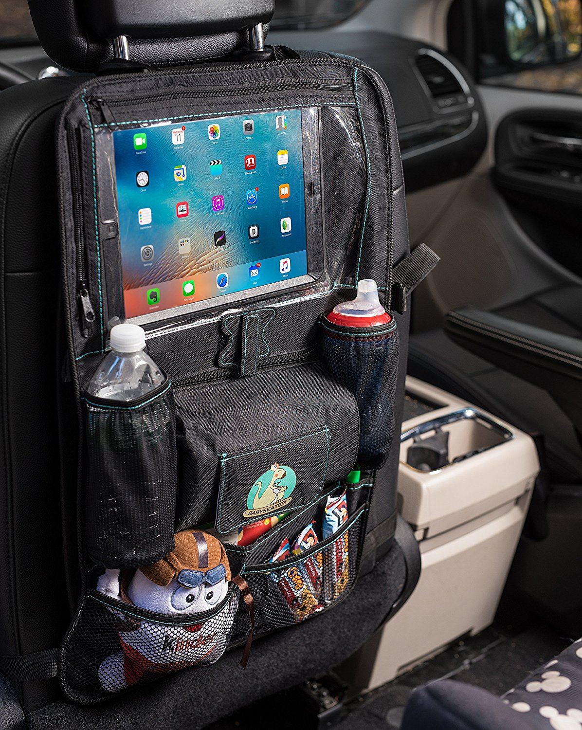 Backseat Car Organizer for Kids, Babies & Toddlers by BABYSEATER iPad  Tablet Touch Screen Holder, Wet Wipes Tissue Pocket Stretchy Mesh Storage.  Kick Mat Seat Back Protector Perfect Christmas Gift 